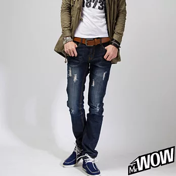 Mr.WOW美系磨損刷破彈性小直筒牛仔褲M藍色