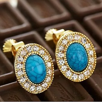 ●ECO安珂●【E2-1094】藍情蜜意 水鑽繞金邊藍寶石 夾式耳環金色邊框