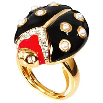 【Kenneth Jay Lane】好萊塢巨星名媛最愛~白鑽珍珠瓢蟲鑲K金砝瑯戒指(黑)K金黃