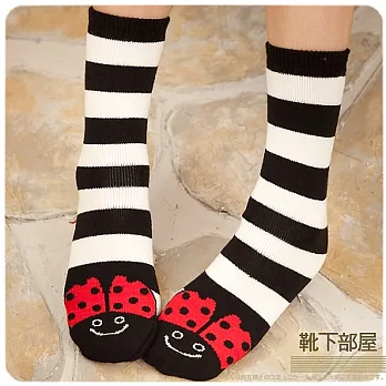 【靴下部屋】紅色小瓢蟲˙止滑保溫室內襪-黑白條紋