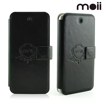 moii iPhone 5 復古壓紋薄型黏貼可立式筆記本皮套徽章/黑