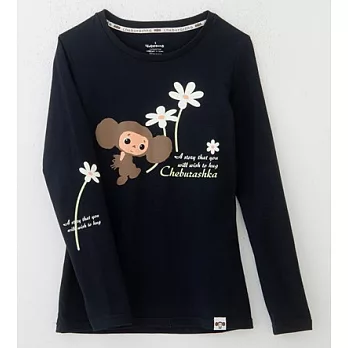 大耳查布Cheburashka夜綻的純白花朵∕夜空黑純棉長袖T-shirt∕女款M黑色