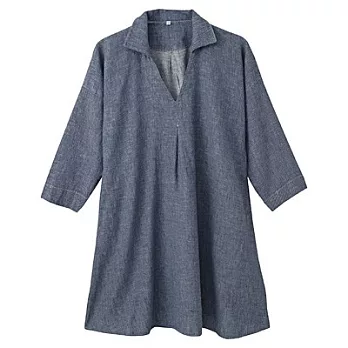 [MUJI 無印良品]女棉麻斜紋織附領長版衫S藍色