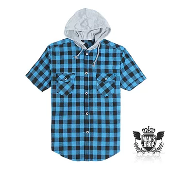 【男人幫 】S0159＊【休閒百搭格紋連帽短袖襯衫】S藍色