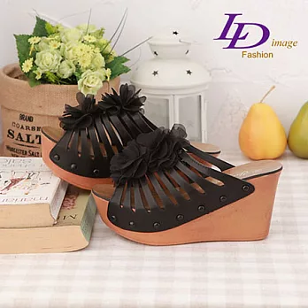 【LD image】舞花弄蝶-網花裝飾˙鏤空鞋面˙楔型涼鞋_39低調黑