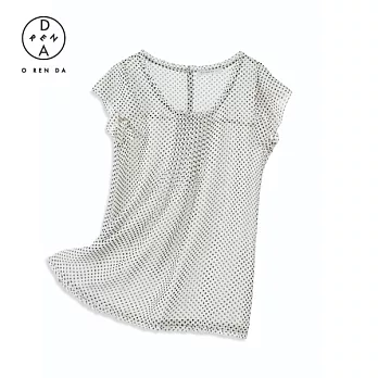 ORENDA 荷葉袖細摺點點雪紡上衣S白底黑點
