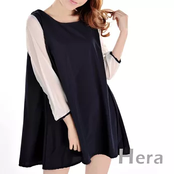 【Hera】撞色雪纺 七分袖拼色連身裙/小洋裝(二色－藍色)