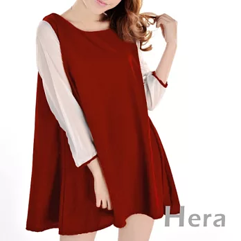 【Hera】撞色雪纺 七分袖拼色連身裙/小洋裝(二色－酒紅色)