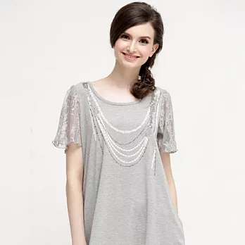 【C.H.K.】女式蕾絲短袖T恤2XL中麻灰