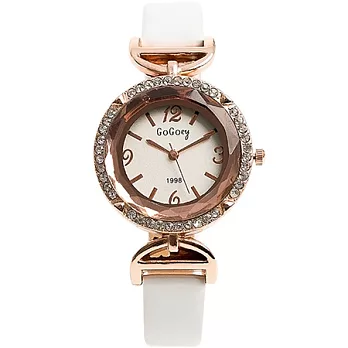 Watch-123 浪漫吻鑽-玫瑰金寶石層次切割面腕錶x白色帶