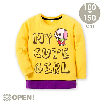 [OPEN小將童裝]草莓小桃純棉磨毛拼接下擺圓領T120黃色