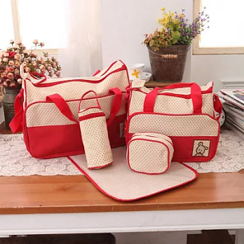 小熊媽咪五件組/媽媽袋紅色