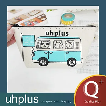 uhplus Q-plus寬底筆袋/ 可愛動物巴士（晴天藍）