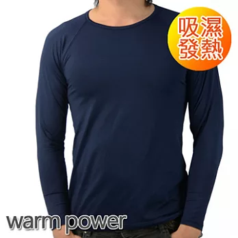 【Warm Power】吸濕發熱內刷毛保暖內衣_男圓領衫L深藍