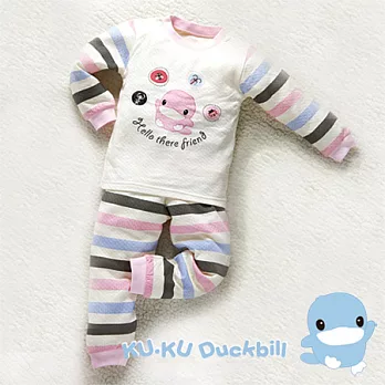 【KU.KU酷咕鴨】秋冬有機棉條紋套裝-90粉