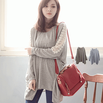 ROSE．韓版浪漫簍空花袖磨毛長版上衣2色 灰系
