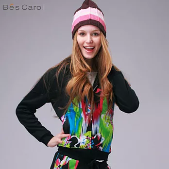 【Bés Carol】女式印花相拼連帽運動外套S黑