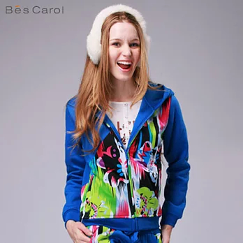 【Bés Carol】女式印花相拼連帽運動外套S藍