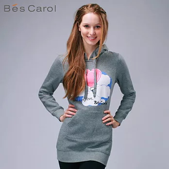 【Bés Carol】女式長款貼袋連帽衛衣S中麻灰