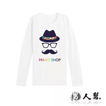 【男人幫Man’s Shop】MA001＊MIT製造 【純棉長袖圓領T恤-美式經典塗鴉翹鬍子】白色 M號