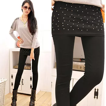 【Lady c.c.】韓版氣質鉚釘素色棉質假兩件內搭褲裙(黑)