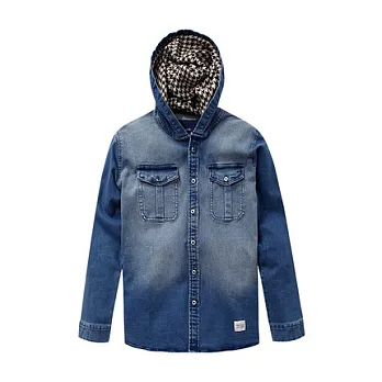 【CACO】NAVY．獨家經銷．千鳥格牛仔連帽長袖襯衫S藍色