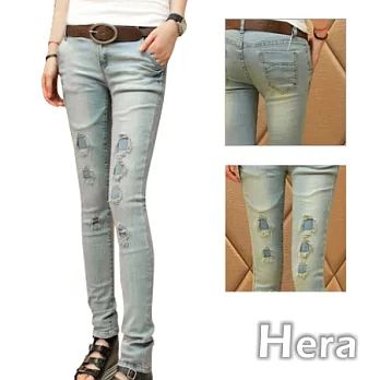 【Hera】赫拉 方格磨破刷白美型窄管牛仔褲L(淺藍色)