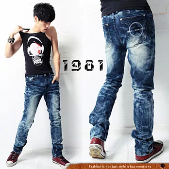 【1981牛仔褲】韓式電繡STAR合身牛仔褲_2553#M藍色