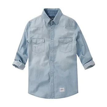 【CACO】NAVY．獨家經銷．刷色長袖牛仔襯衫S藍色