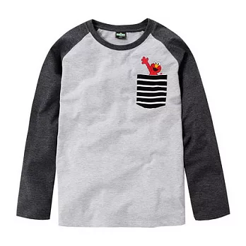 【CACO】芝麻街．授權款．Elmo條紋口袋接袖長TM麻花灰