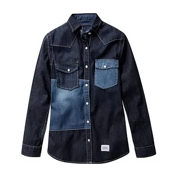 【CACO】NAVY．獨家經銷‧拼色牛仔長袖襯衫‧情侶款S藍色