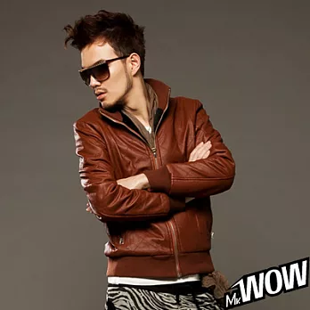 Mr.WOW英倫菱格壓紋內毛絨皮衣夾克M卡其色