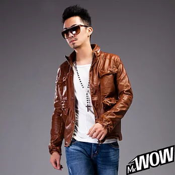 Mr.WOW英倫鐵絲造型立領短版皮衣M棕色