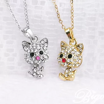 BIGO必果 立體滿鑽搖晃俏皮小貓項鍊(甜美銀)甜美銀