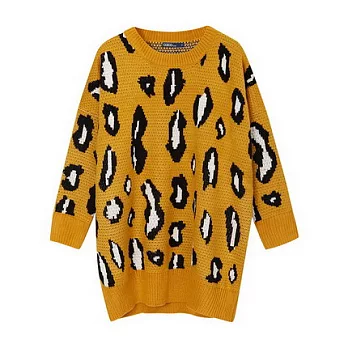 【CACO】CACO SURF．美式休閒．豹紋長版針織毛衣FREE黃色