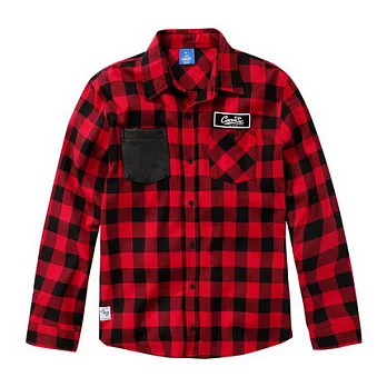 【CACO】CACO ST．美式街頭．拼接皮革格紋長袖襯衫M紅