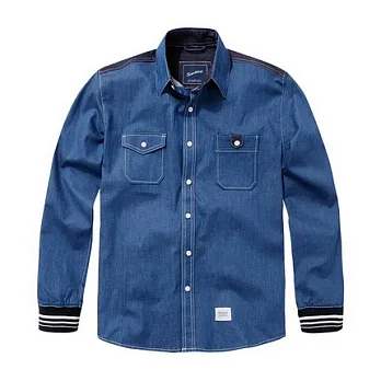 【CACO】 NAVY．獨家經銷．NA螺紋袖牛仔長袖襯衫L淺藍色