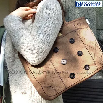 日本ROOTOTE 手繪風鈕釦毛料大容量側背包-卡其色(745602)