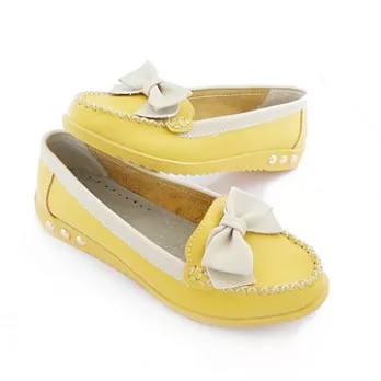【Moscova】手工真皮。流線面大蝴蝶結裝飾休閒鞋36黃色