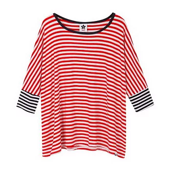 【CACO】CACO ST.美式街頭.拼接條紋寬版上衣(女)FREE紅色