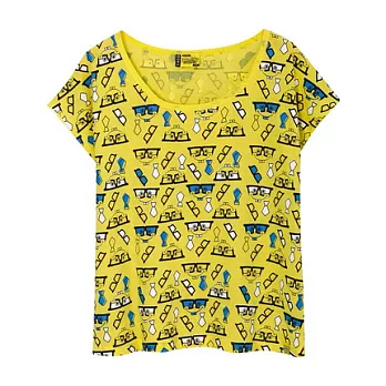 【CACO】海綿寶寶．授權款．滿版海綿寶寶眼鏡表情短T(女)S螢光黃