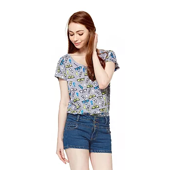 【CACO】海綿寶寶．授權款．滿版海綿寶寶眼鏡表情短T(女)S麻灰