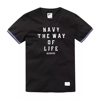 【CACO】NAVY．獨家經銷．標語螺紋燙絨短T(男)S黑