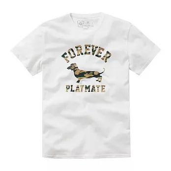 【CACO】GRAPHIC T．設計圖像．迷彩臘腸狗膠印短T(男)S白