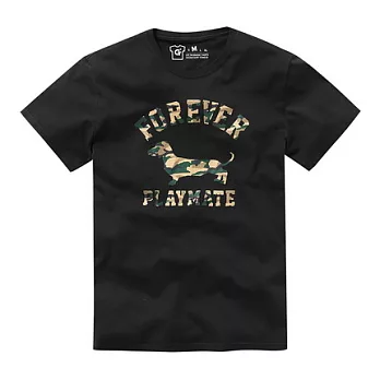 【CACO】GRAPHIC T．設計圖像．迷彩臘腸狗膠印短T(男)S黑