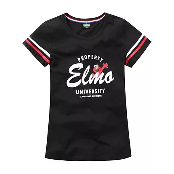 【CACO】芝麻街．授權款．ELMO袖條紋短T(女)S黑