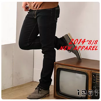 1981牛仔褲/皮革感布標中窄直筒休閒褲_32226#M黑色