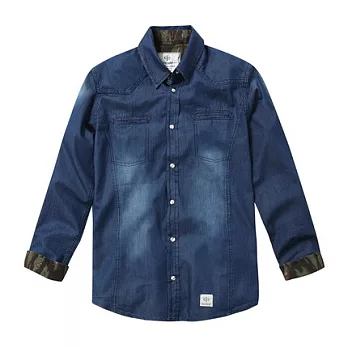 【CACO】CACO SURF．美式休閒．迷彩配布牛仔長袖襯衫(男)S海軍藍