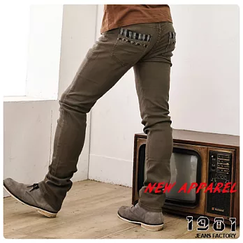 1981牛仔褲/韓系拼布滾邊口袋修身休閒褲_32202#M墨綠色