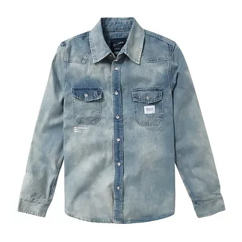 【CACO】NAVY．獨家經銷．雙口袋水洗牛仔長袖襯衫(男)XL藍色